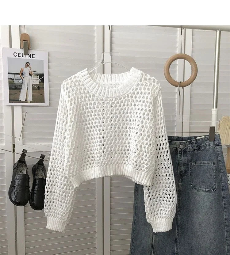 Hnewly Hollow Sun Protection Shirt Women's Summer Loose Pullover O-Neck Puff Long Sleeve Air Conditioning Knitwear Korean Retro Top