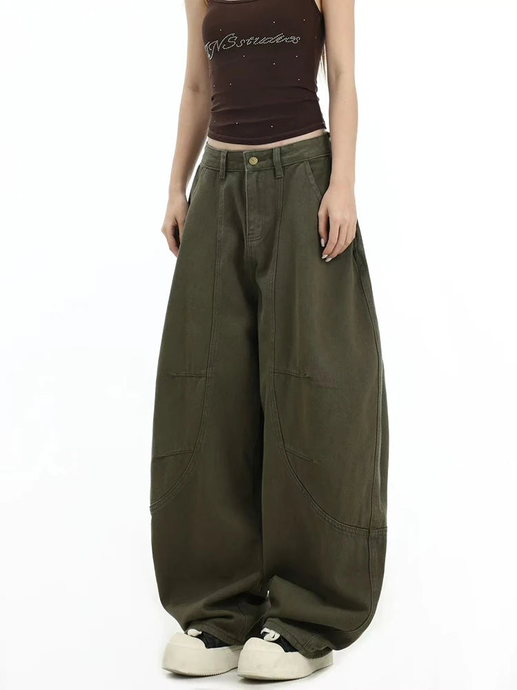 Hnewly Y2K American Retro Cargo Jeans Women High Waist Streetwear Loose Wide Leg Denim Pants Bf Hip Hop All Match Straight Pants New