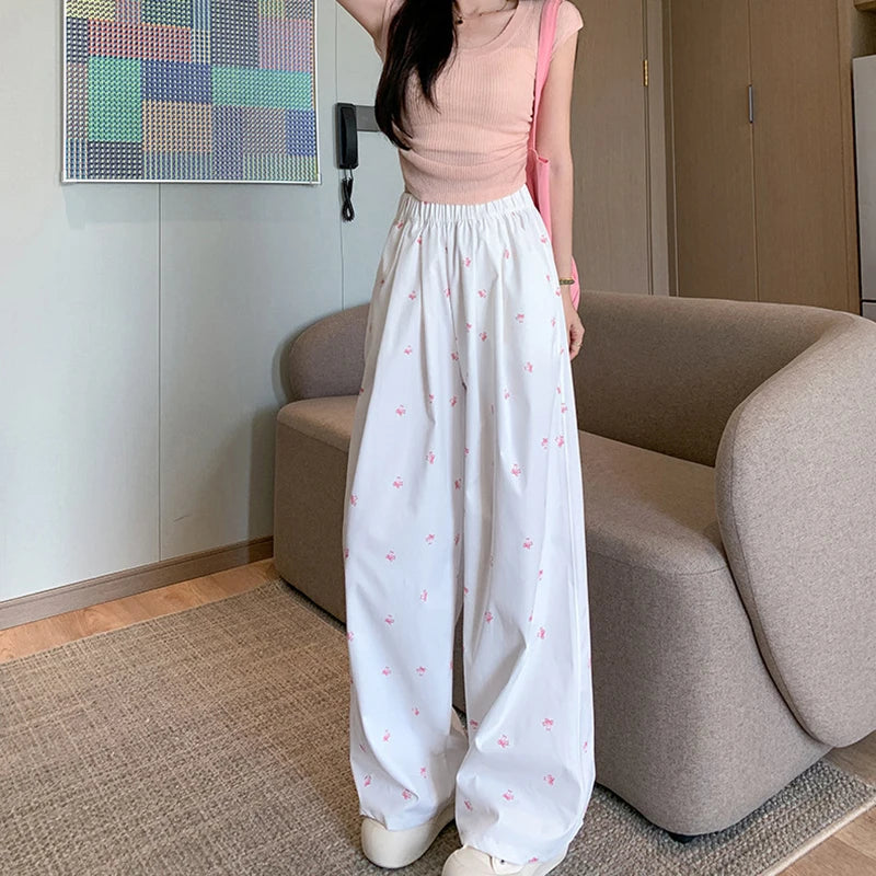 Hnewly  Bow Print Wide Leg Loose Trousers Women Summer Sweet Cute High Waist Pants Women Clothes Korean Popular Straight Trousers