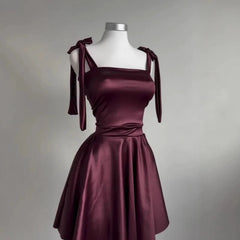Hnewly  Fashion Women Sexy Burgundy Mini Dress Square Neck Tie Shoulder Ruffle A-Line Short Party Elegant Backless Evening Dresses