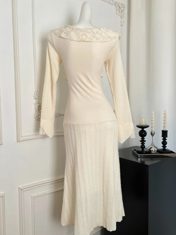 Hnewly Women Autumn Spring Elegant Lace Mermaid Dres Slim Waist  Vestidos Vintage Chic Evening Party Robe New