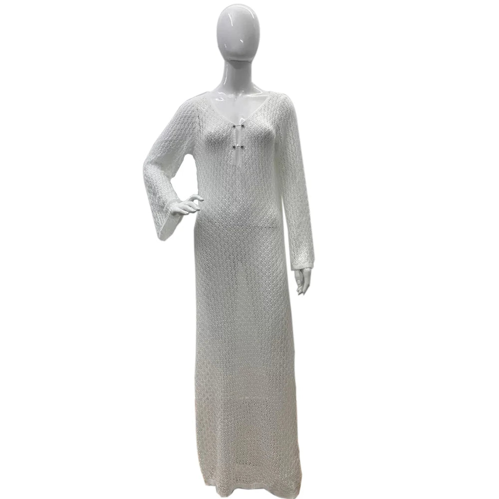 Hnewly  Boho Knit Maternity Dress Bell Sleeve Crochet Pregnancy Gown for Photoshoot Baby Shower Maternity Photography Beach Dress