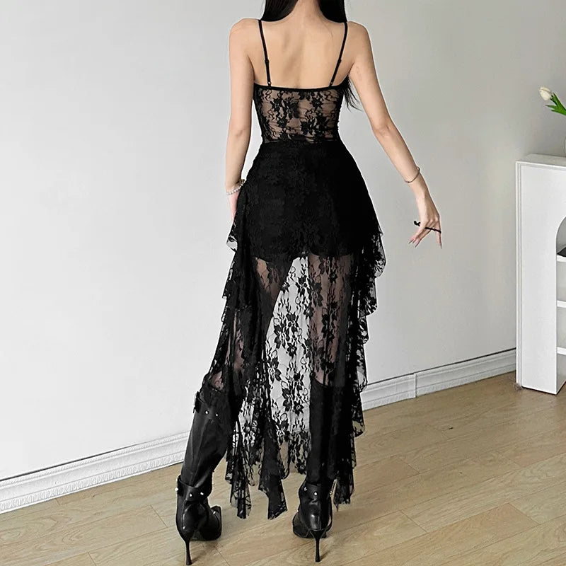 Hnewly  Women Dress Sexy Patchwork Mesh Strapless Irregular Waist Ruffled Split Black Dresses Fashion Night Party Vestidos