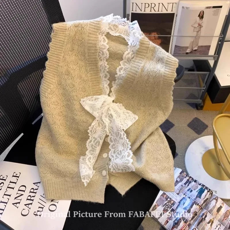 Hnewly  Elegant Lace Bow Sweater Vest Women's 2025 New Spring Autumn Sleeveless V-neck Knitted Pullover Korean Version Versatile Top