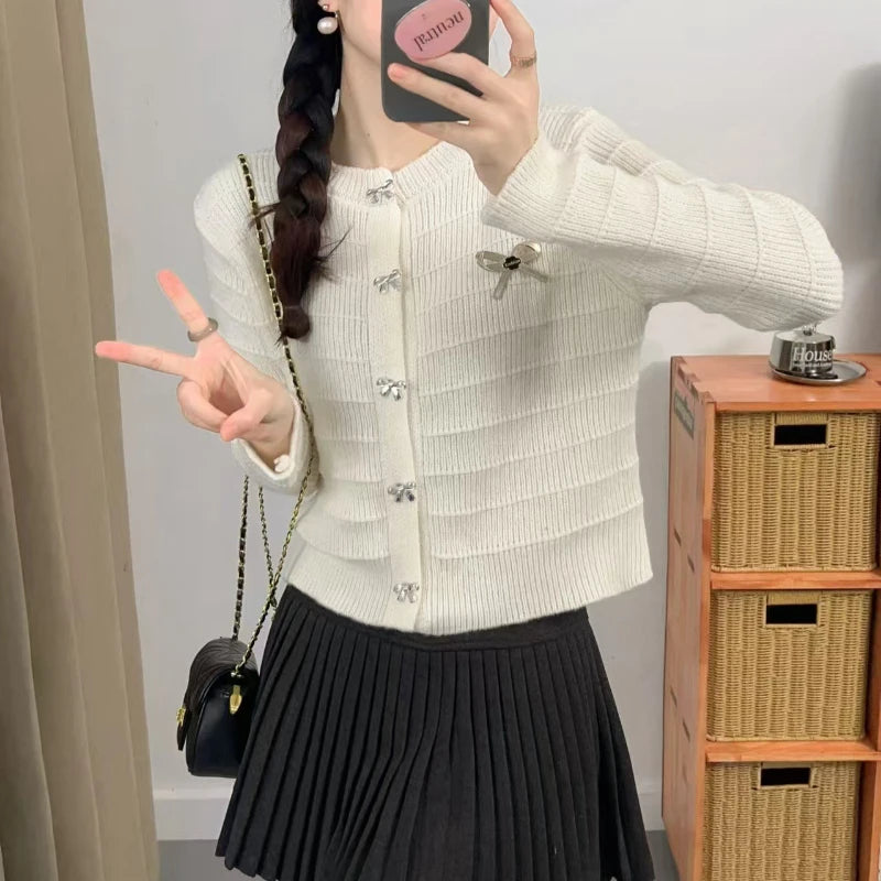 Hnewly  Ribbon Button Up Knit Cardigan Sweater for Women Long Sleeve Button Front Sweater Jacket Teen-girl Y2K Cute Outfit