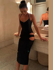 Hnewly  Irregular Hollow Dress Women Sexy Halter Low-Neck Backless Sleeveless Robe Midnight Club Party Fashion Long Bodycon