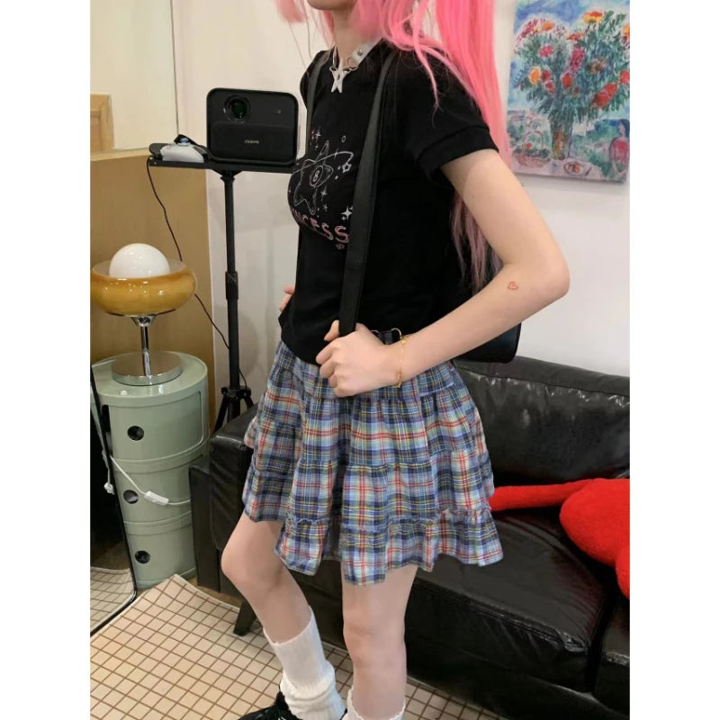 Hnewly Plaid Skirt Women Mini Skirt Japanese Style Ruffle Layered Short Skirts Cute Streetwear Vintage Harajuku Preppy Skirt