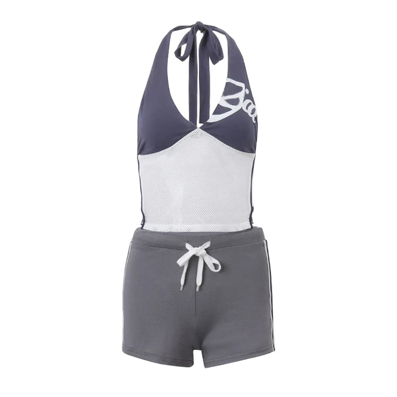Hnewly Casual Mesh Patchwork Halter Backless Crop Tops With Draw-string Short Pants Sexy Women Summer Hotsweet Beach Outfits