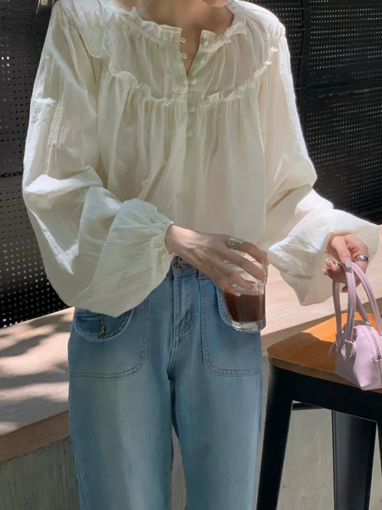 Hnewly Women Casual Chic Puff Sleeve Loose Elegant Spring Retro All-match Kawaii Ladies Summer New Solid Korean Style Button
