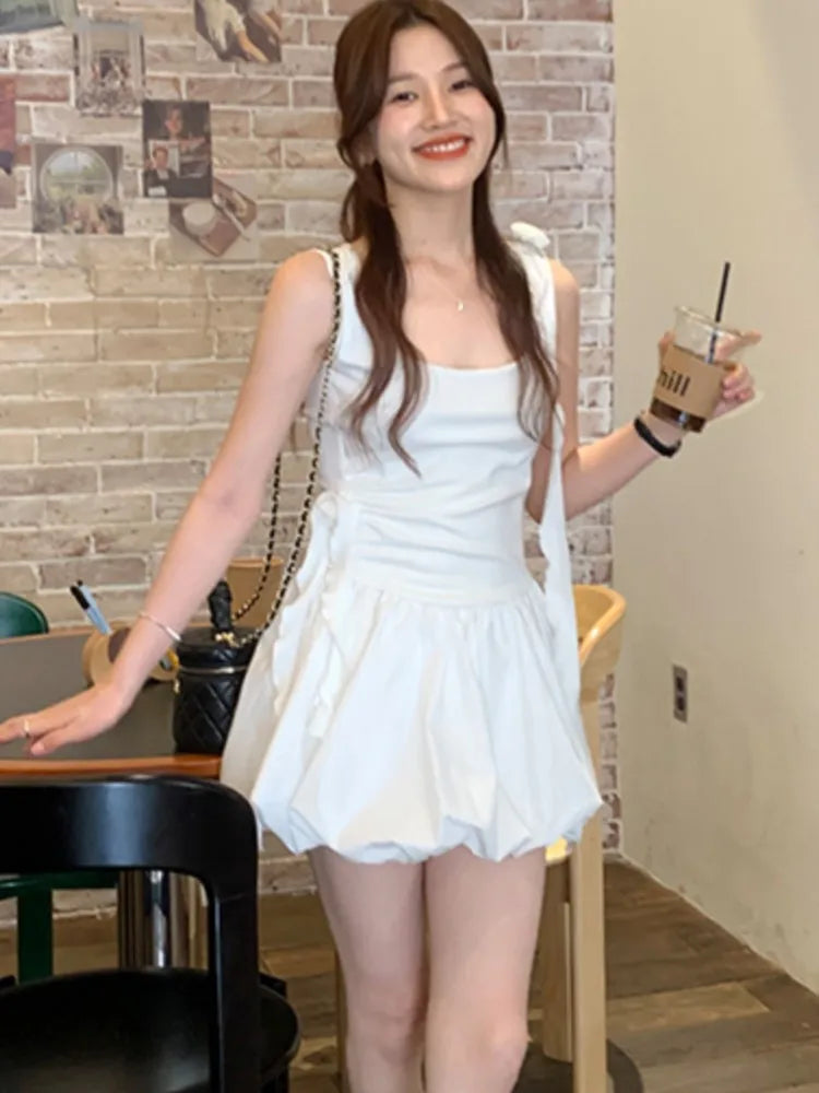 Hnewly Summer Sweet Korean Fashion White Retro Dress Square-Neck Slim Waist Sleeveless Flower Lace-up Small Vest Dress Women New