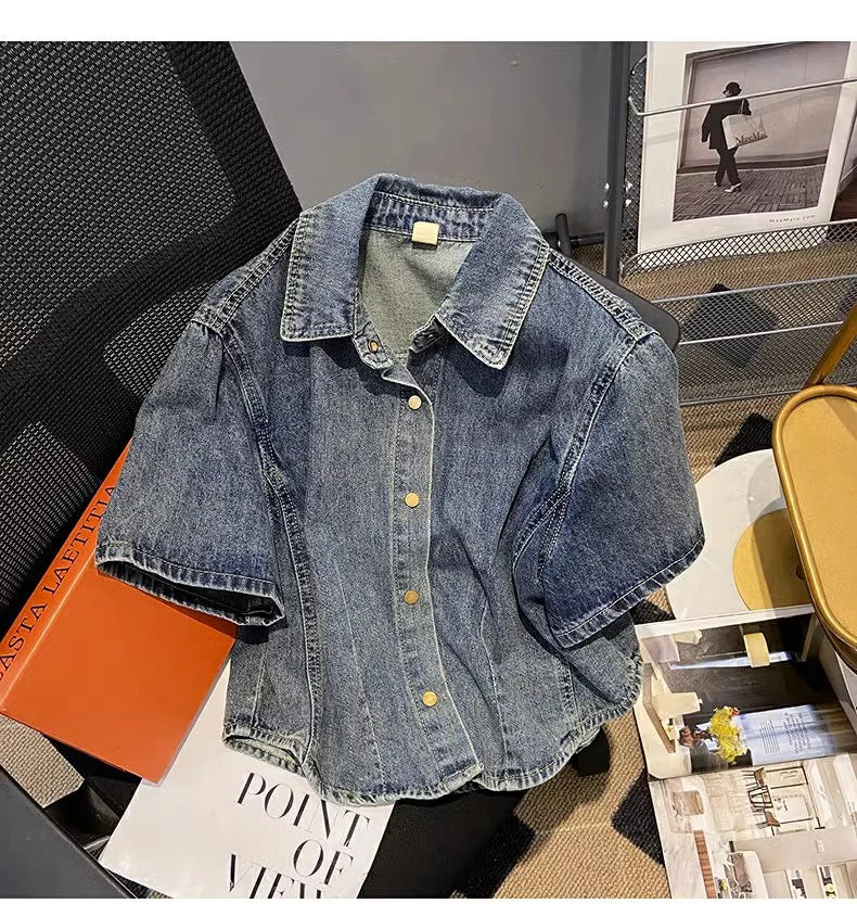 Hnewly  Retro Denim Jacket Women's 2025 Summer New Loose Versatile Short Sleeved Top Large Size Single Breasted Turndown Collar Shirt