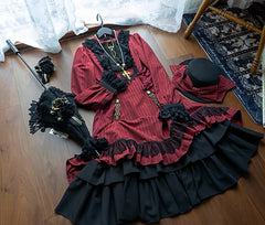 Hnewly  Original Gothic Dark Red Large Size Lolita Style Long Sleeve Dresses Op Spring New Women's Slim Fit Elegant Retro Cosplay Dress