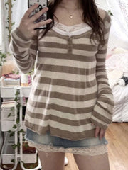 Hnewly FALL OUTFITS Casual street all-match striped women sweater hip-hop vintage Y2K new Harajuku aesthetic cute rock punk V-neck pullover sweater