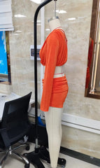 Hnewly  Summer 2Pieces Corduroy Outfits Set Skew Collar Long Sleeve Wrap Cropped Tops with Fold Over Ruched Waist Slim Shorts