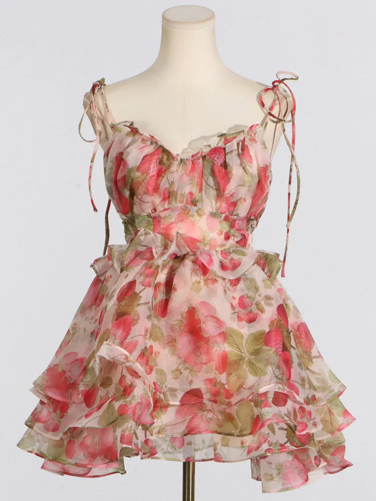 Hnewly Fashion Printed Dress Women's Sleeveless Bow Lace Up Waist Retraction A Line Dresses 2025 Summer New Tide