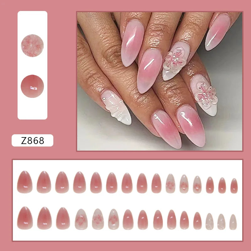Hnewly 24pcs Pink Bow Design Glossy Press on Nails Wearable Detachable Almond Fake Nail Tips for Girls Lady Korean Sweet False Nails