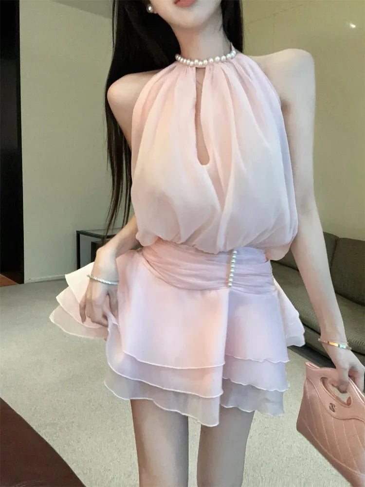 Hnewly  Mini Dresses Women Pearl Halter Sleeveless Bandage Slim Backless Hollow Out Sweet Elegant Party Dress Female Casual