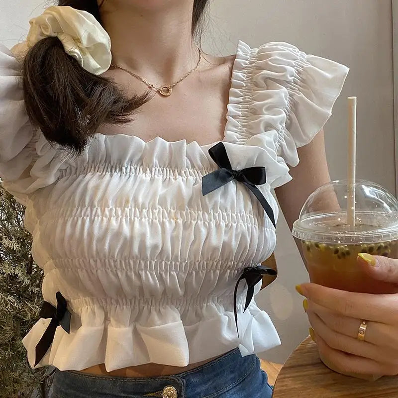 Hnewly  Bow Temperament Chiffon Women's New Fashionable Flying Sleeve Pleated Top