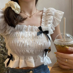 Hnewly  Bow Temperament Chiffon Women's New Fashionable Flying Sleeve Pleated Top