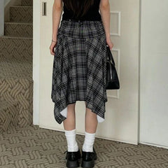 Hnewly Preppy Style Plaid Print Skirt Grey Low Rise Loose Irregular A-line Midi Skirts Women Harajuku Clothes y2k Streetwear New