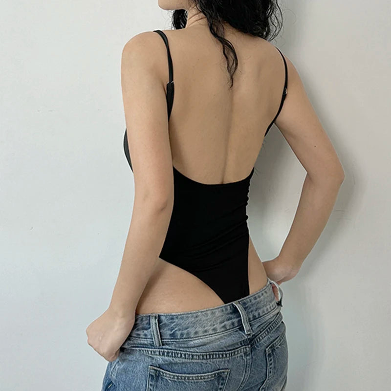 Hnewly Black Hollow Out Backless Bodysuit Summer Casual Skinny Sleeveless Strap Bodysuits for Women Casual Basic Ladies Outfits