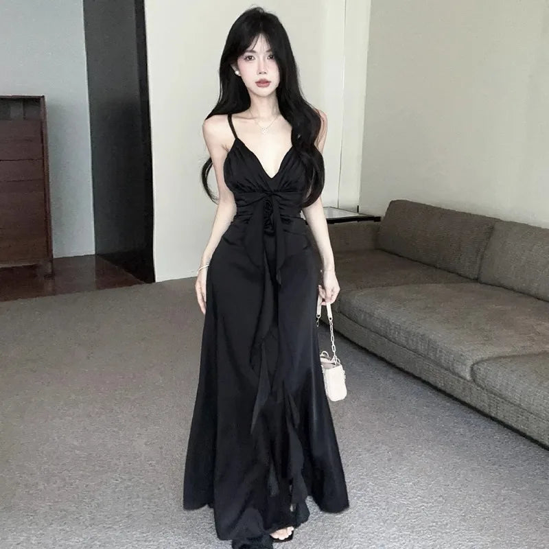 Hnewly  Women Dress Sexy V Neck Sleeveless Backless Ruffles Ribbon Backless Elegant Temperament Party Dresses Ladies Fashion