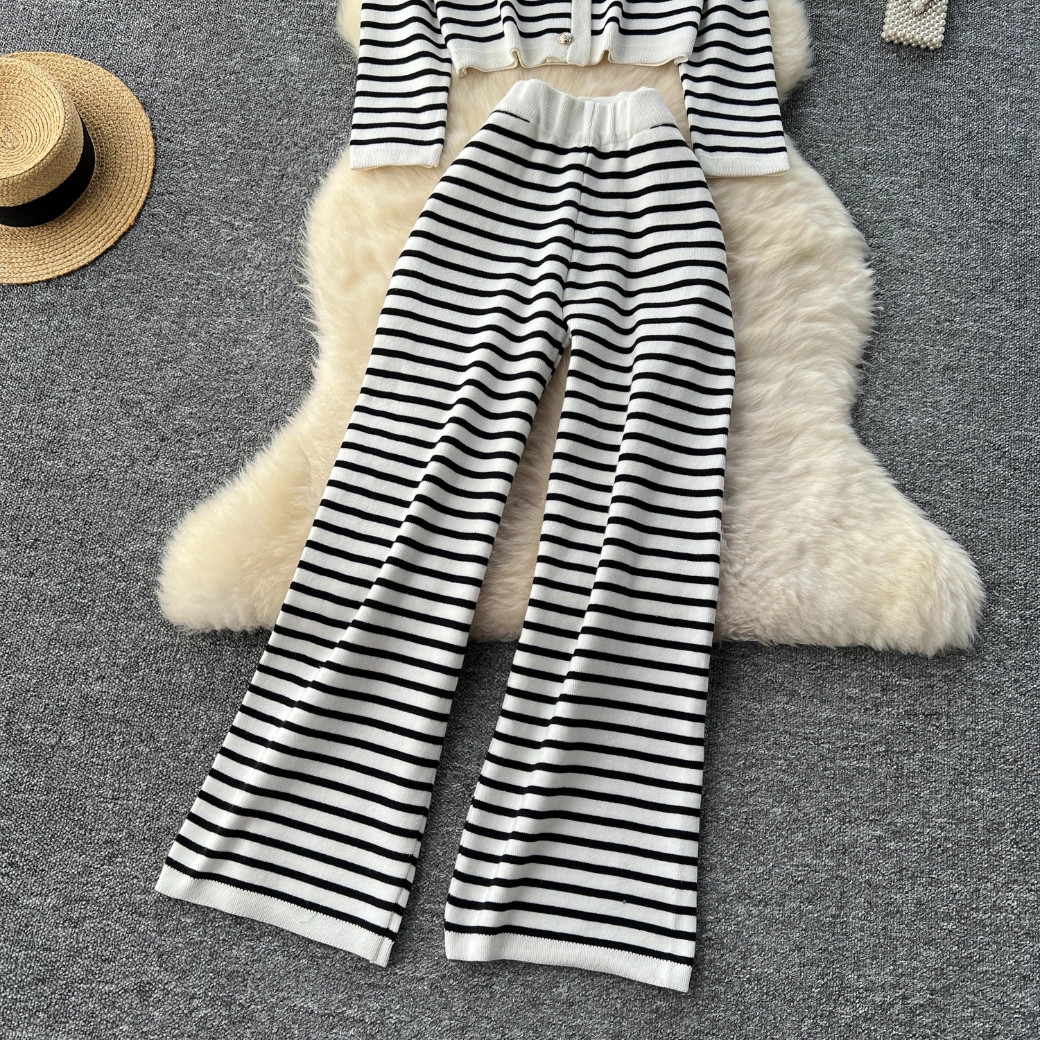 Hnewly  Elegant Knitted Set for Women's High End Versatile Round Neck Striped Knitted Cardigan+High Waist Casual Wide Leg Pants 2PCS