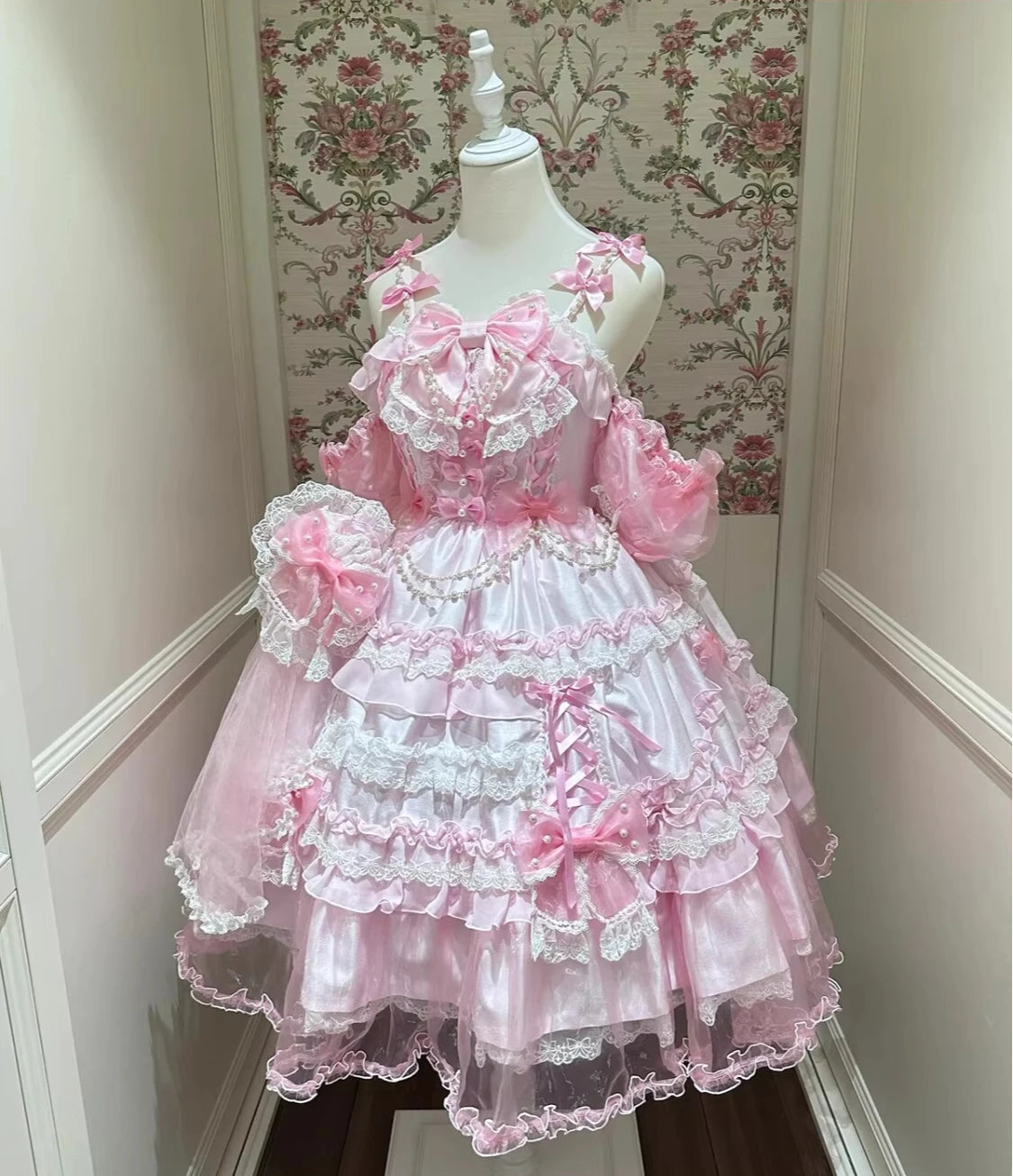 Hnewly  Pink Sweet Lolita Evening Dresses for Women Girls Cute Bow Lace Pearl Chain Sling Dress JSK Princess Birthday Party Dres