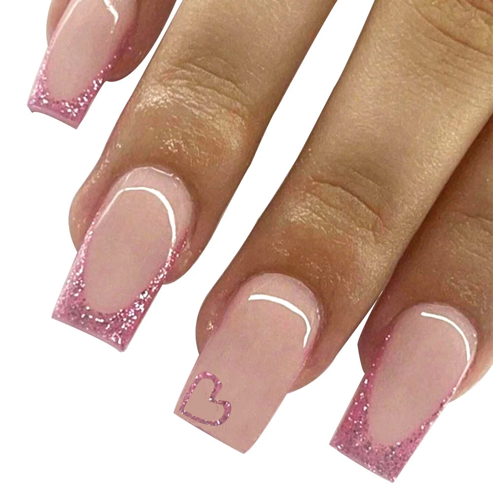 Hnewly 24pcs Medium Square Pink France Full Cover Fake Nail Set - Short Coffin Press On Nails Love Design For Girl Mother Women Gift