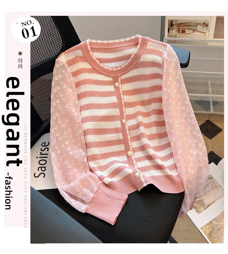 Hnewly  Striped knitted Sweater For Women's Spring Autumn French Elegant Round Neck Long Sleeved Patchwork Chiffon Loose All-Matched Top
