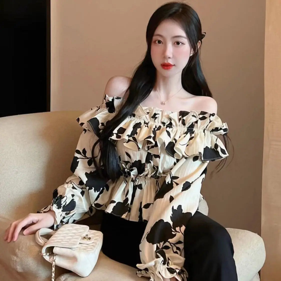 Hnewly Blouses Women New Arrival Spring French Style Slash Neck Ruffles Floral All-match Ladies Sexy Sweet Ins College Skinny Clothing