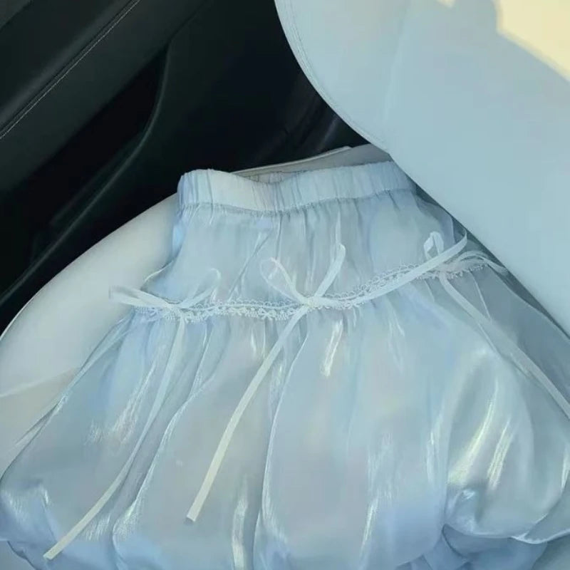 Hnewly  Fairycore Sweet Mini Skirt Women Pink Y2k Coquette Elegant Bow Short Skirts Kawaii Lace Patchwork Puffy Ruffle Skirts