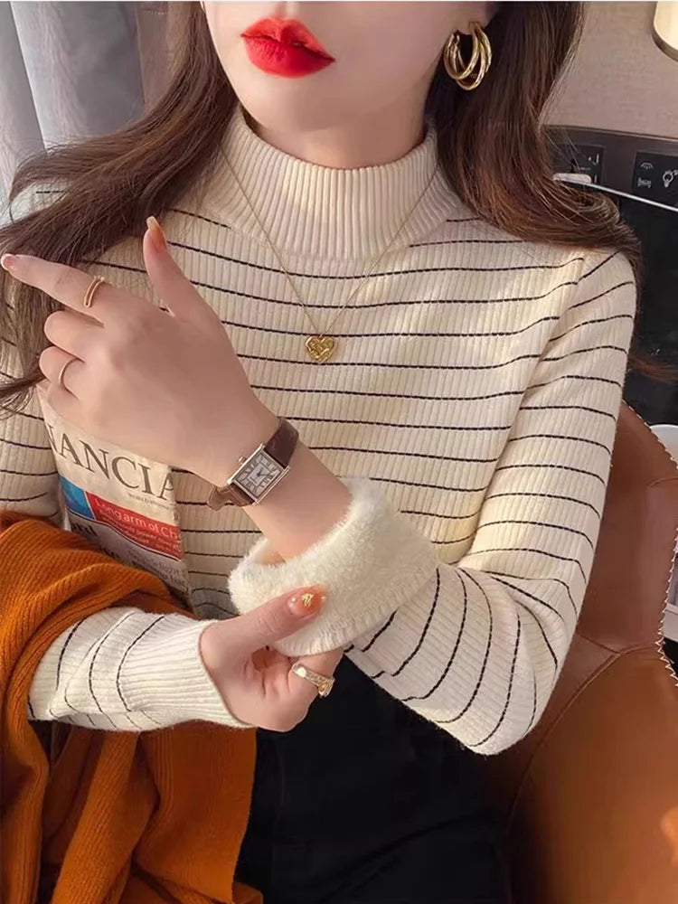 Hnewly  Half High Collar Striped Sweater Velvet Bottoming Shirts for Women's Autumn Winter Thicked Warm Pullover Slim Knitting Top