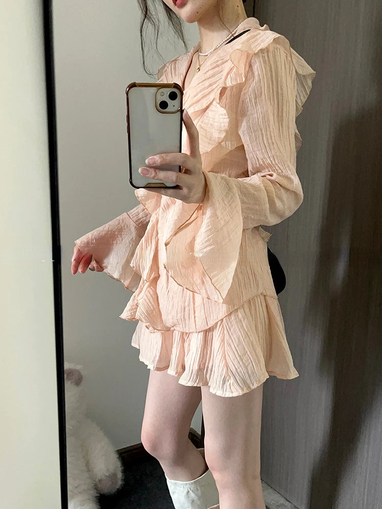 Hnewly 2 Piece Vintage Sets Retro Elegant Y2k Skirt Suit Elegant 2000s Retro Clothes Women Long Sleeve Shirt A-Line Mini Skirt Elegant