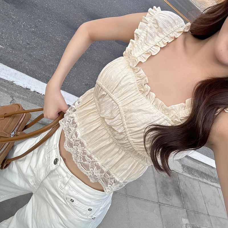 Hnewly Sexy Square Collar Lace Edge Ruched Causal Solid Crop Tops Y2K Summer Fashion New Women Daily 2025 Party Vest Clothes