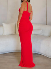 Hnewly  Solid Slimming Backless Temperament Dresses for Women Round Neck Sleeveless High Waist Spliced Metal Dress Female Fashion