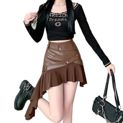 Hnewly  Pure Color Irregular PU Leather Skirt Autumn New Design Sense High Waist Thin Skirt Women's Niche Temperament A-shaped Skirt