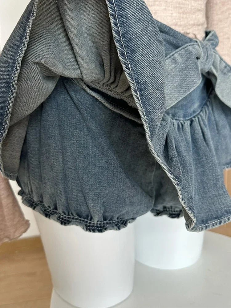 Hnewly A-line Women Denim Blue Jean Skirts Shorts Summer Bow Hot Girls Mini Skirt Streetwear Sexy Y2k Irregular Kawaii Coquette