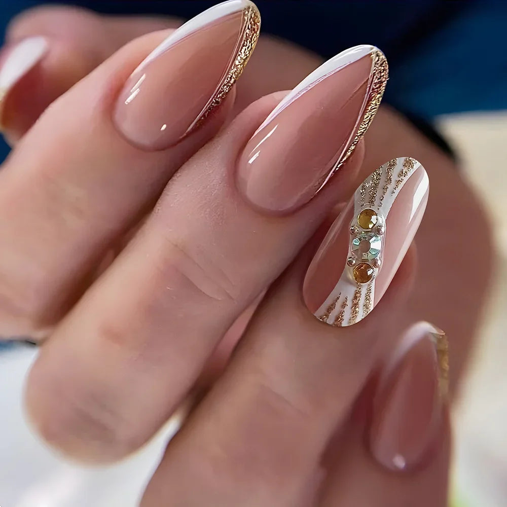 Hnewly 24Pcs French Gold Edge Wearable Almond Press on Fake Nails Simple Pearl Decoration False Nails with Glue Full Over Manicure Tips