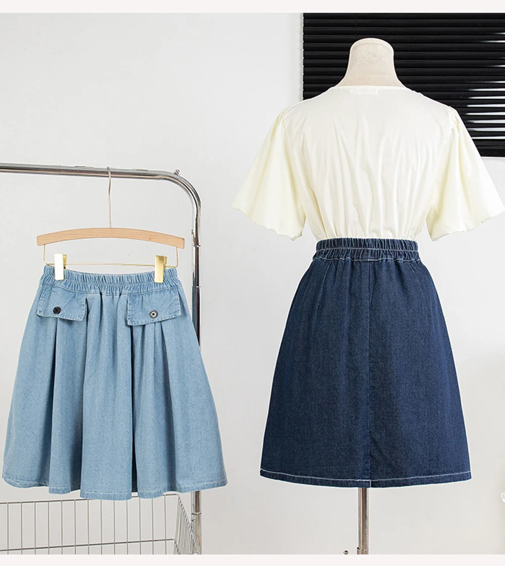 Hnewly M-5XL Oversize Denim Skirt Women's New Elastic High Waisted A-line Loose Fit Retro Knee-length Skirt with Built-in Safety Shorts
