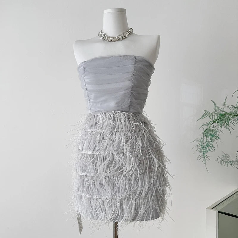 Hnewly  Fashion Women's Sexy Strapless Tube Top Bodycon Sleeveless Tassel Mini Party Dress Zip Up Grey Short Dress