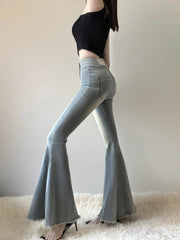 Hnewly  High Waist Flare Jeans Women Vintage American Style Wide Leg Denim Pants Spring Autumn New Raw Hem Mermaid Trousers Streetwear