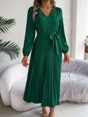 Hnewly  Autumn Winter Elegant V-Neck Button Belt Long Sleeved Solid Color Pleated Long Dress For Women Dresses
