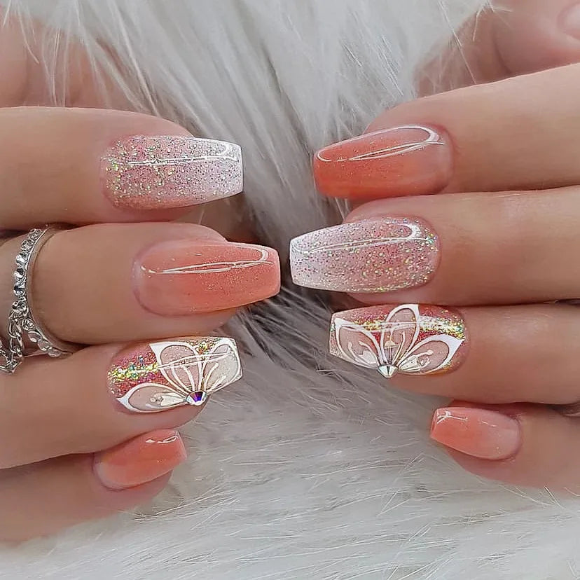 Hnewly 24Pcs Gradient Pink Fake Nails with Glue Mid-length Ballet False Nails  Sequins Design Press on Nails Wearable Press on Nails