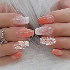 Hnewly 24Pcs Gradient Pink Fake Nails with Glue Mid-length Ballet False Nails  Sequins Design Press on Nails Wearable Press on Nails
