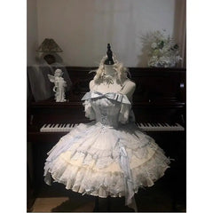 Hnewly  Blue Lolita Style Dress for Girls Women Slim Fit Sweet Elegant Kawaii Dress with Bow Lace Stitching Birthday Party Dress Vestido