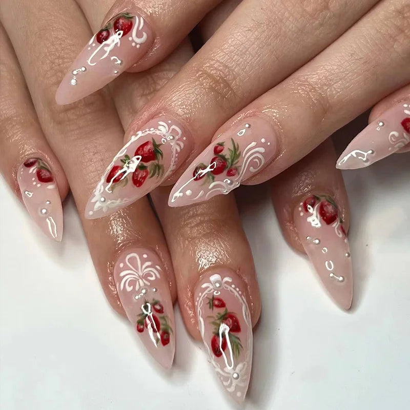 Hnewly 24pcs Pink Bow Design Glossy Press on Nails Wearable Detachable Almond Fake Nail Tips for Girls Lady Korean Sweet False Nails