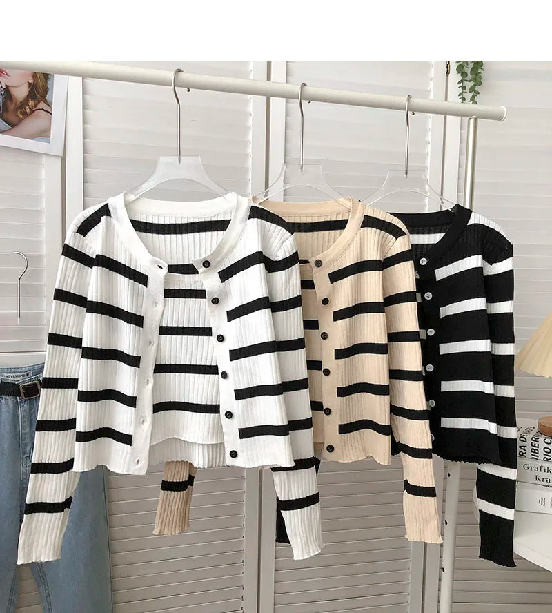 Hnewly  Women's Striped Knitting Cardigan Single Breasted Long Sleeved Sweater+Spaghetti Straps Vest Spring Autumn Korean Top 2pcs