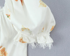 Lunivop  Retro White Floral Bow Ruched Chest Lace Slash Collar Satin Mini Dress Women Short Puff Sleeve Low Waist Swing Dresses Robe