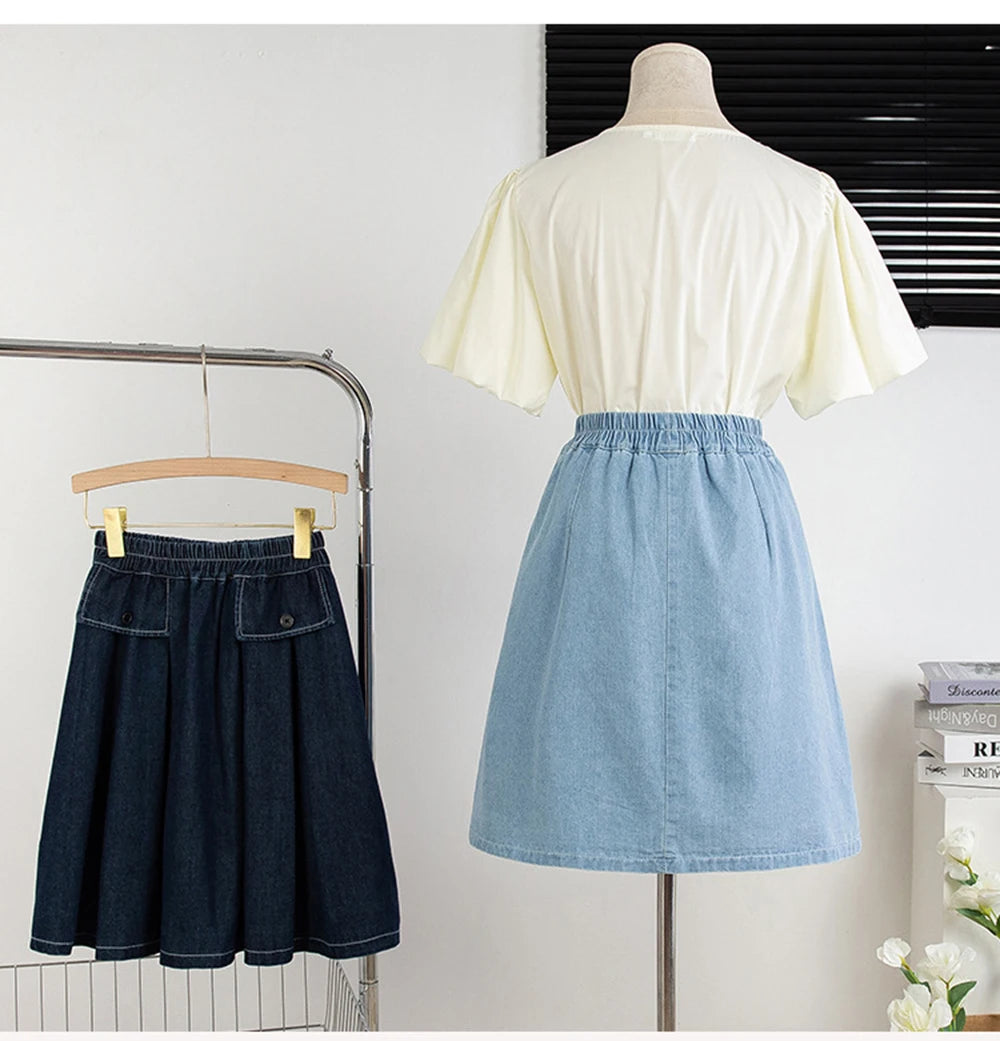 Hnewly M-5XL Oversize Denim Skirt Women's New Elastic High Waisted A-line Loose Fit Retro Knee-length Skirt with Built-in Safety Shorts